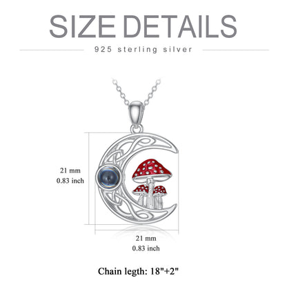 Collier avec projection de pierre et lune en forme de champignon en argent sterling avec inscription « Je t'aime » en 100 langues