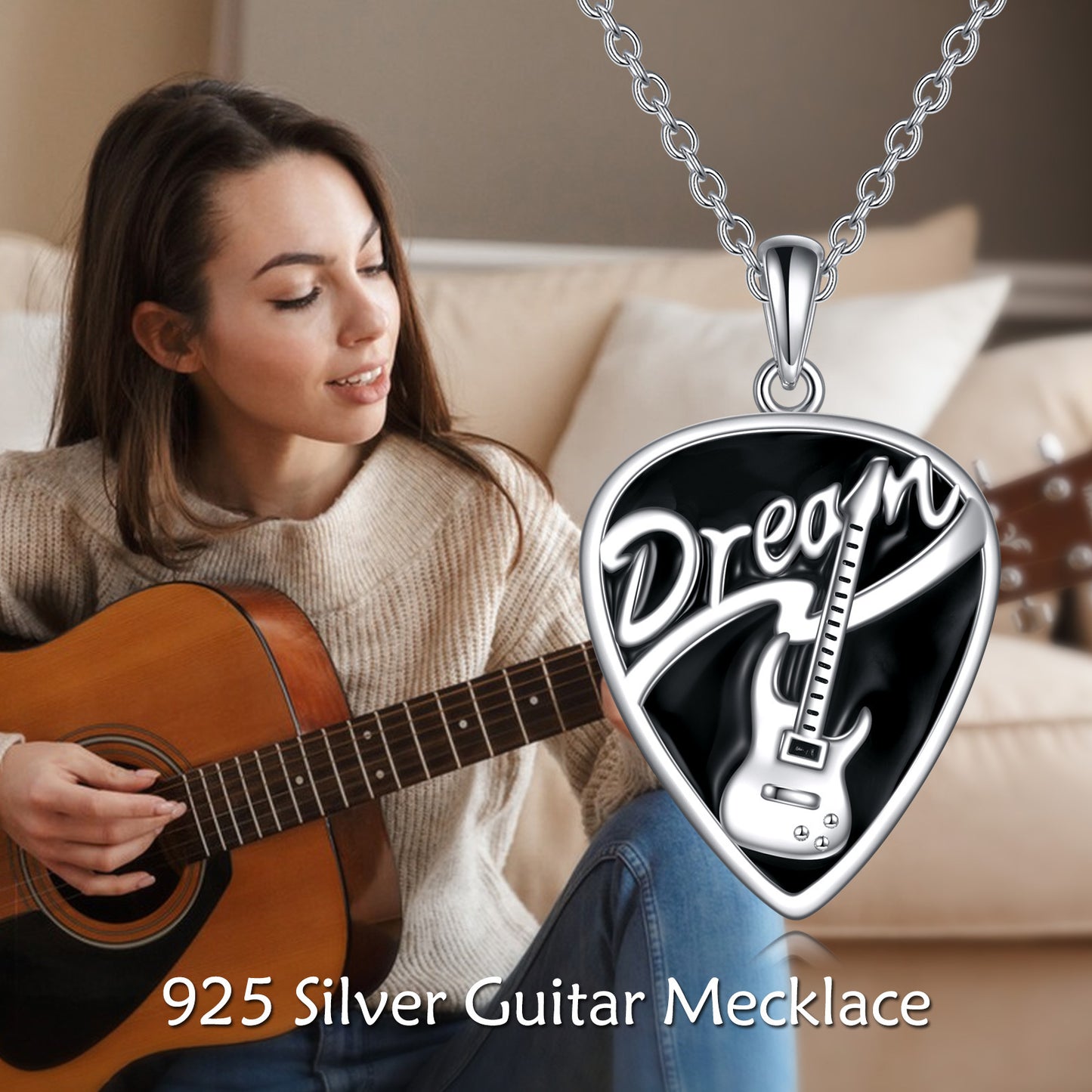 Collar con colgante de púa de guitarra musical de plata esterlina, joyería, regalos para mujeres