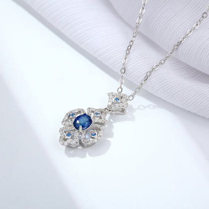 S925 Silver Retro Pattern Necklace Women's Versatile Natural Sapphire Pendant