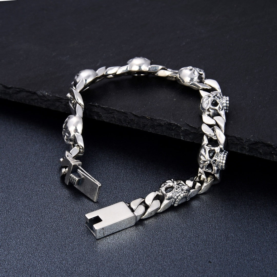 Sterling Silver Domineering Skull Bracelet Men's Korean-style Fashionable Hip Hop Punk Hand Jewelry