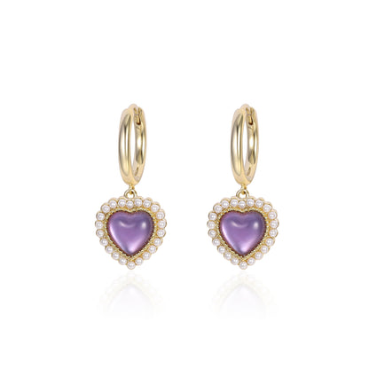 Pendientes de botón con forma de corazón de amor de estilo retro de cristal violeta natural francés