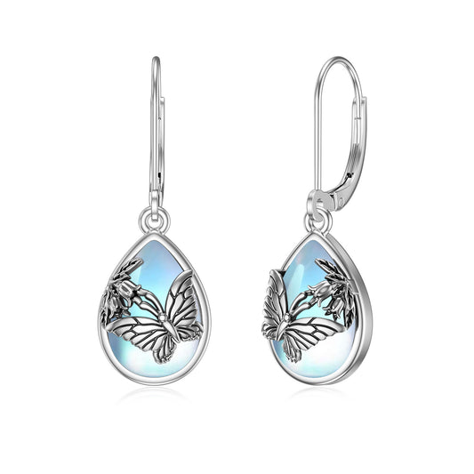 Boucles d'oreilles papillon à levier en argent sterling 925 Boucles d'oreilles papillon en pierre de lune pour femmes