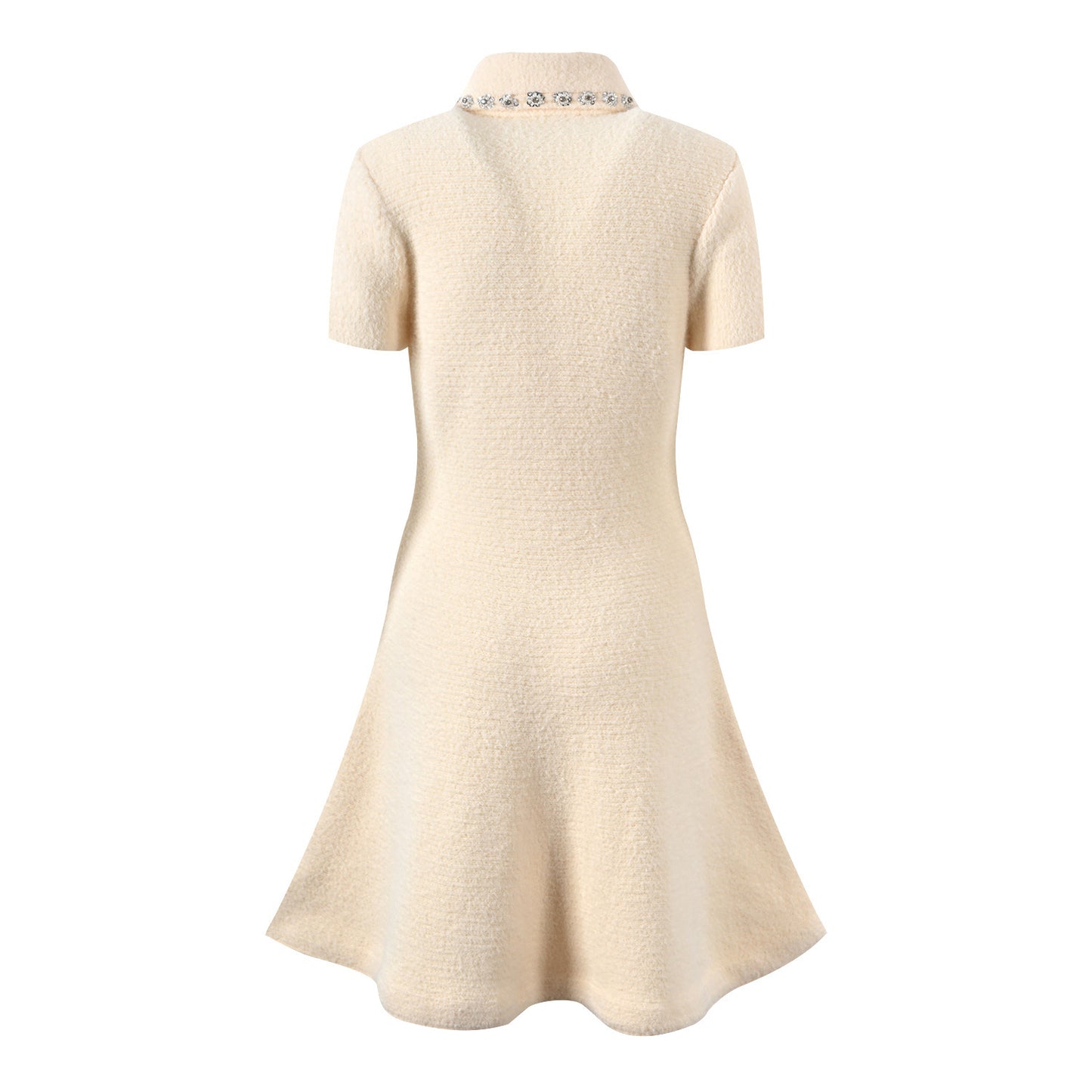 Elegant Socialite Gold Design Rhinestone Ivory White Plush Knitted Short Sleeve Dress