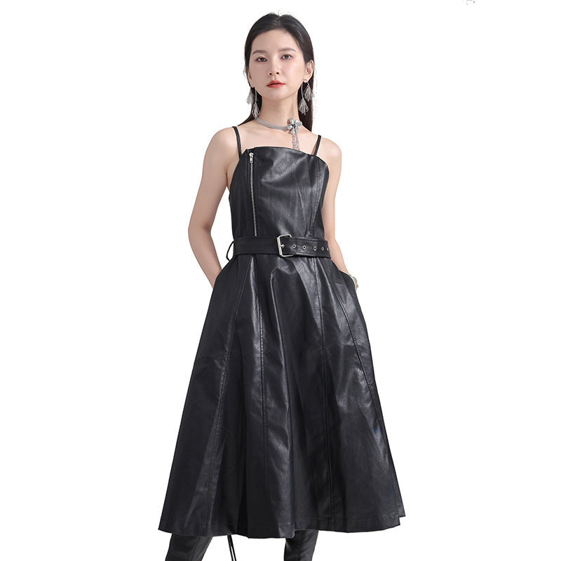 Robe taille haute amincissante en cuir PU rétro à taille contrôlée