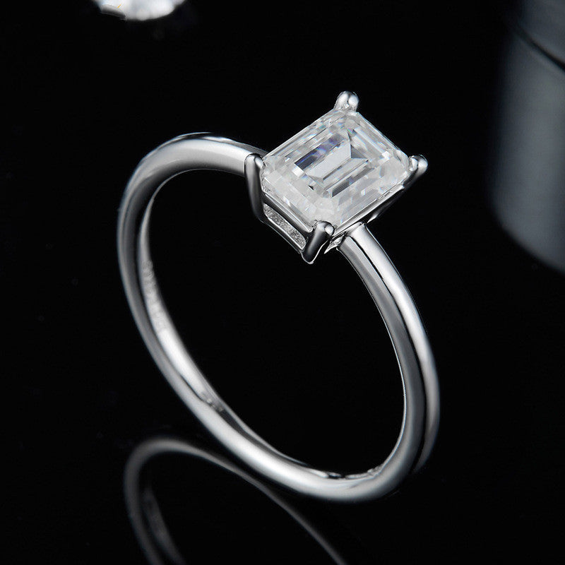 Moissanite Ring Rectangular Shaped Women S925 Silver Platinum Plated