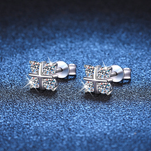 S925 Silver Stud Moissanite Classic Cross Platinum Plated Elegant And Simple Earrings