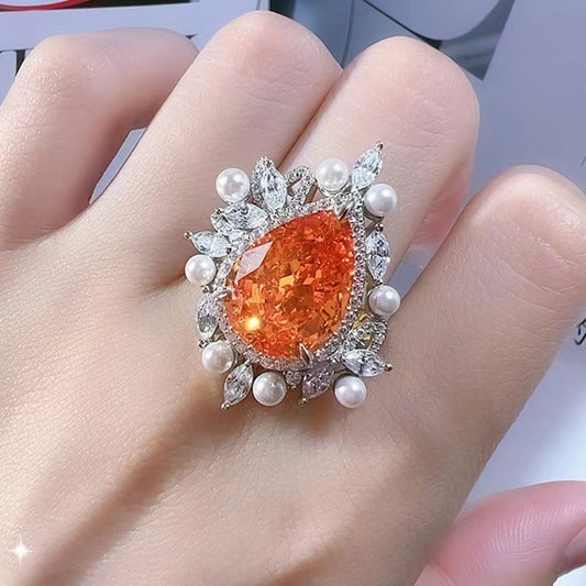 High Carbon Diamond Sunset Orange Water Drop Inlaid Ring