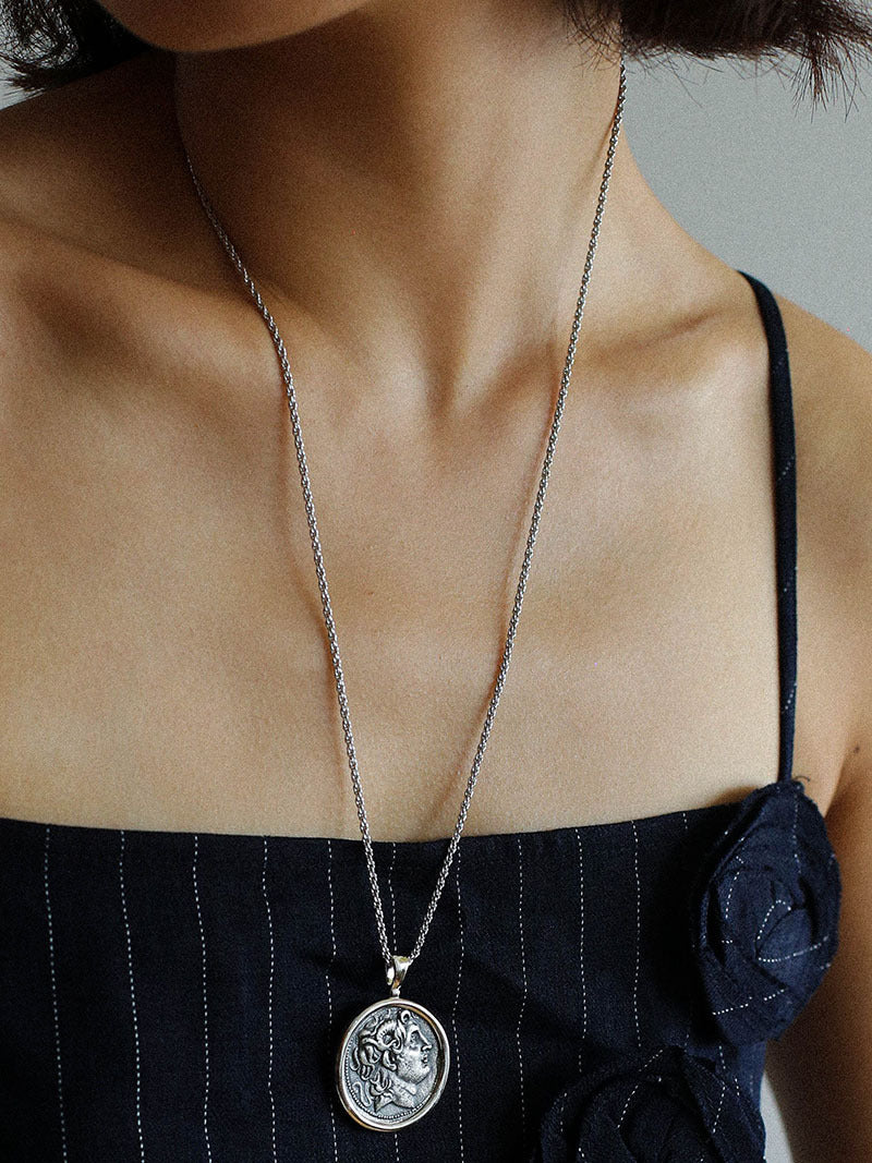 Collier long en argent avec pièce de monnaie pour femme, chaîne simple et rétro