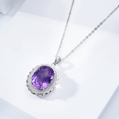 Luxury Style Necklace S925 Silver Set Oval Natural Amethyst Pendant