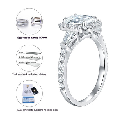 925 Sterling Silver D-color Emerald Cut Moissanite Ring