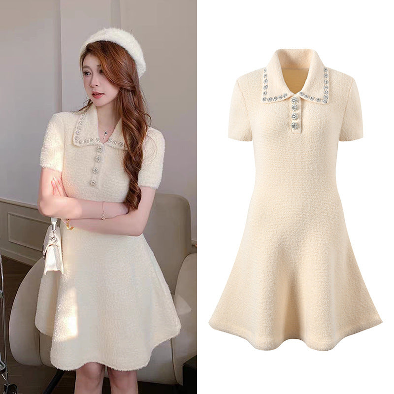 Elegant Socialite Gold Design Rhinestone Ivory White Plush Knitted Short Sleeve Dress