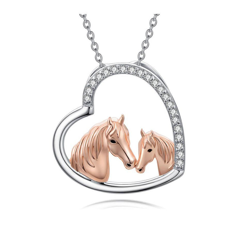 Collar de plata de ley 925 con forma de corazón de caballo y mamá para mujer