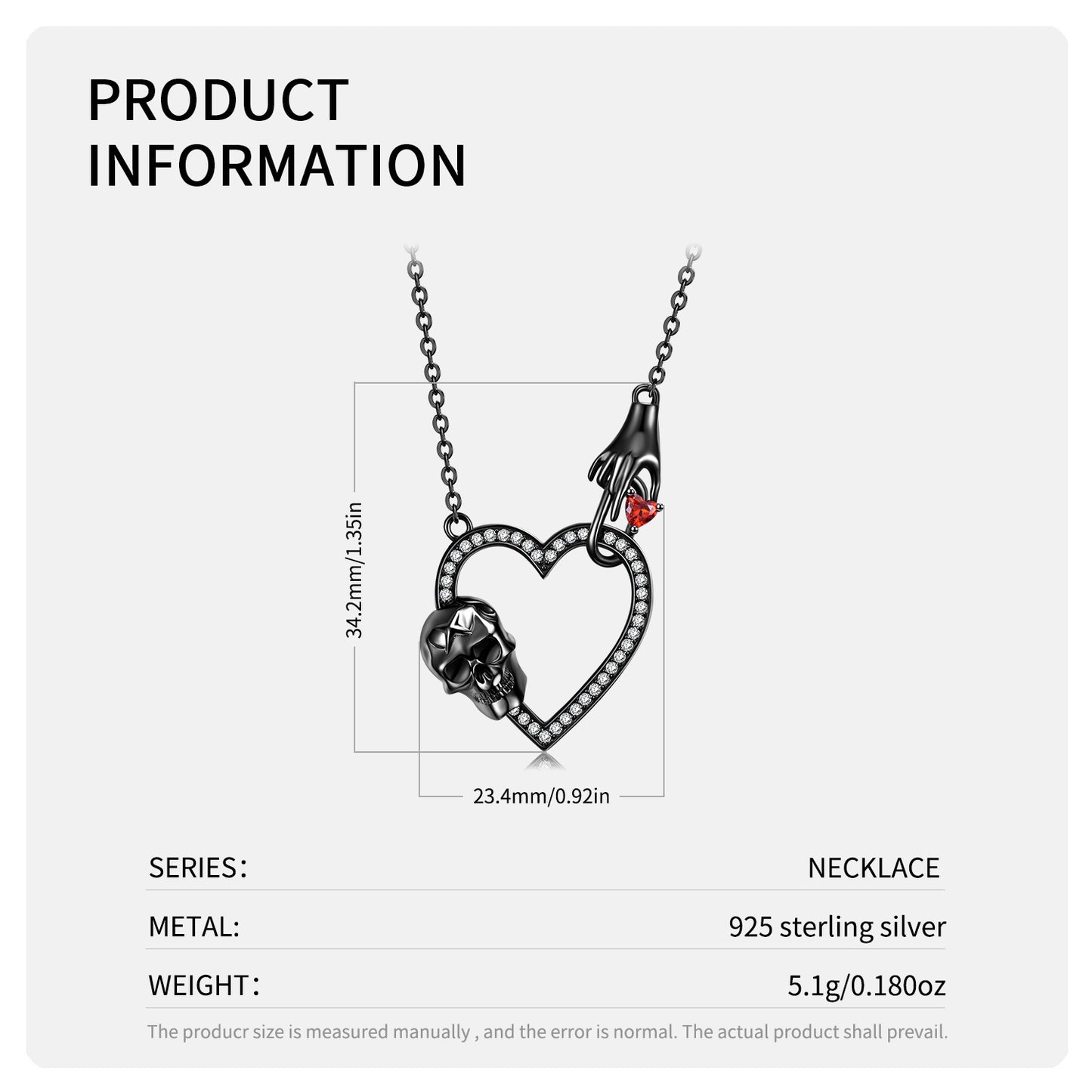 Hand Hook Love Skeleton S925 Sterling Silver Black Gold Necklace Sweater Chain