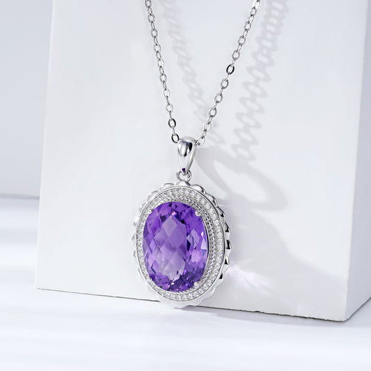 Luxury Style Necklace S925 Silver Set Oval Natural Amethyst Pendant