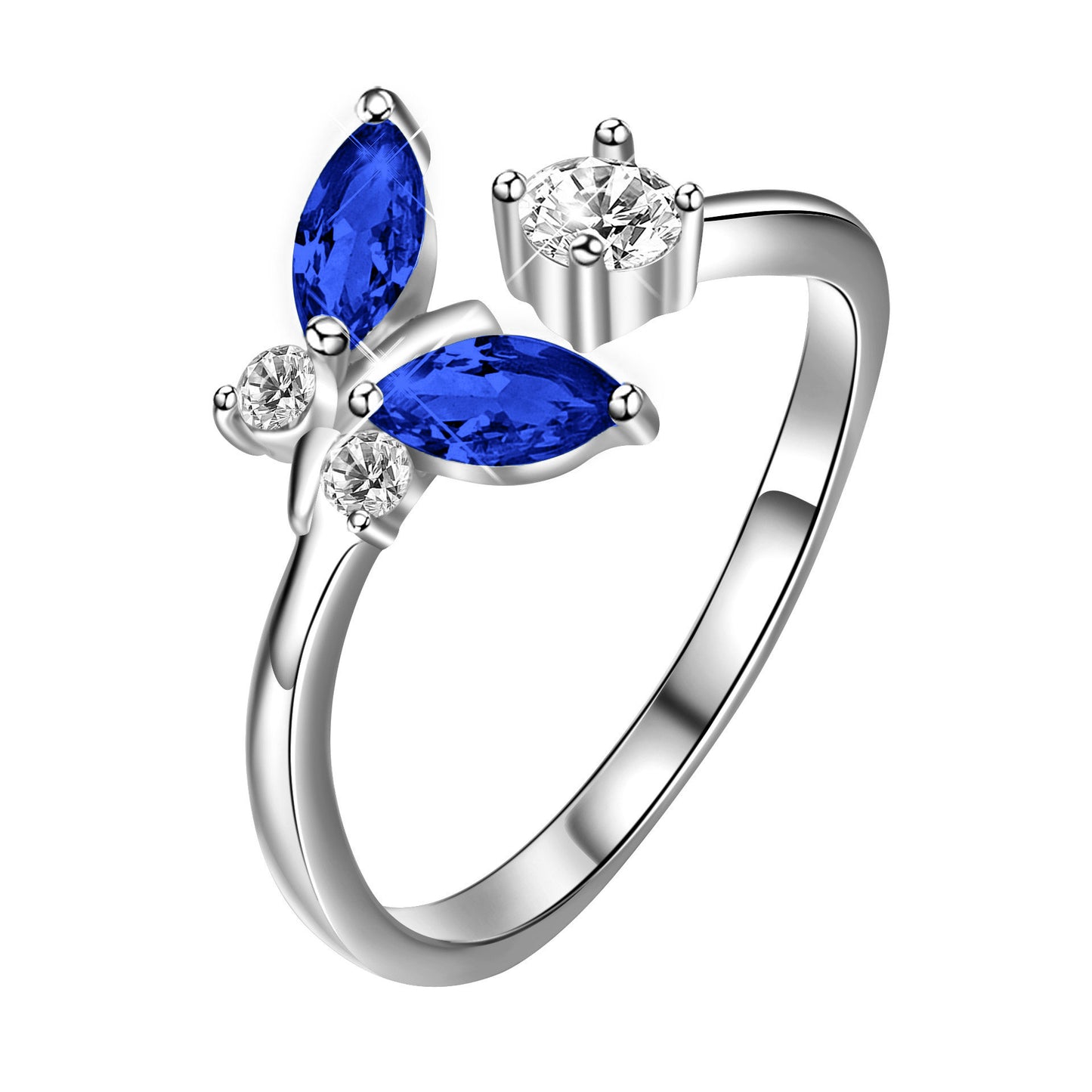 Bague papillon en argent sterling 925 avec cristal bleu saphir