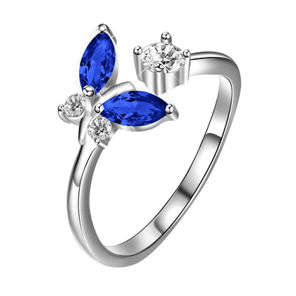 Anillo de mariposa en plata de ley 925 con cristal azul zafiro