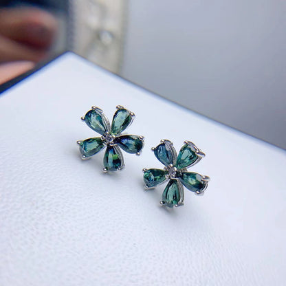 Colored Gems Jewelry 925 Silver Inlaid Natural Sapphire Water Drop Flower Stud Earrings