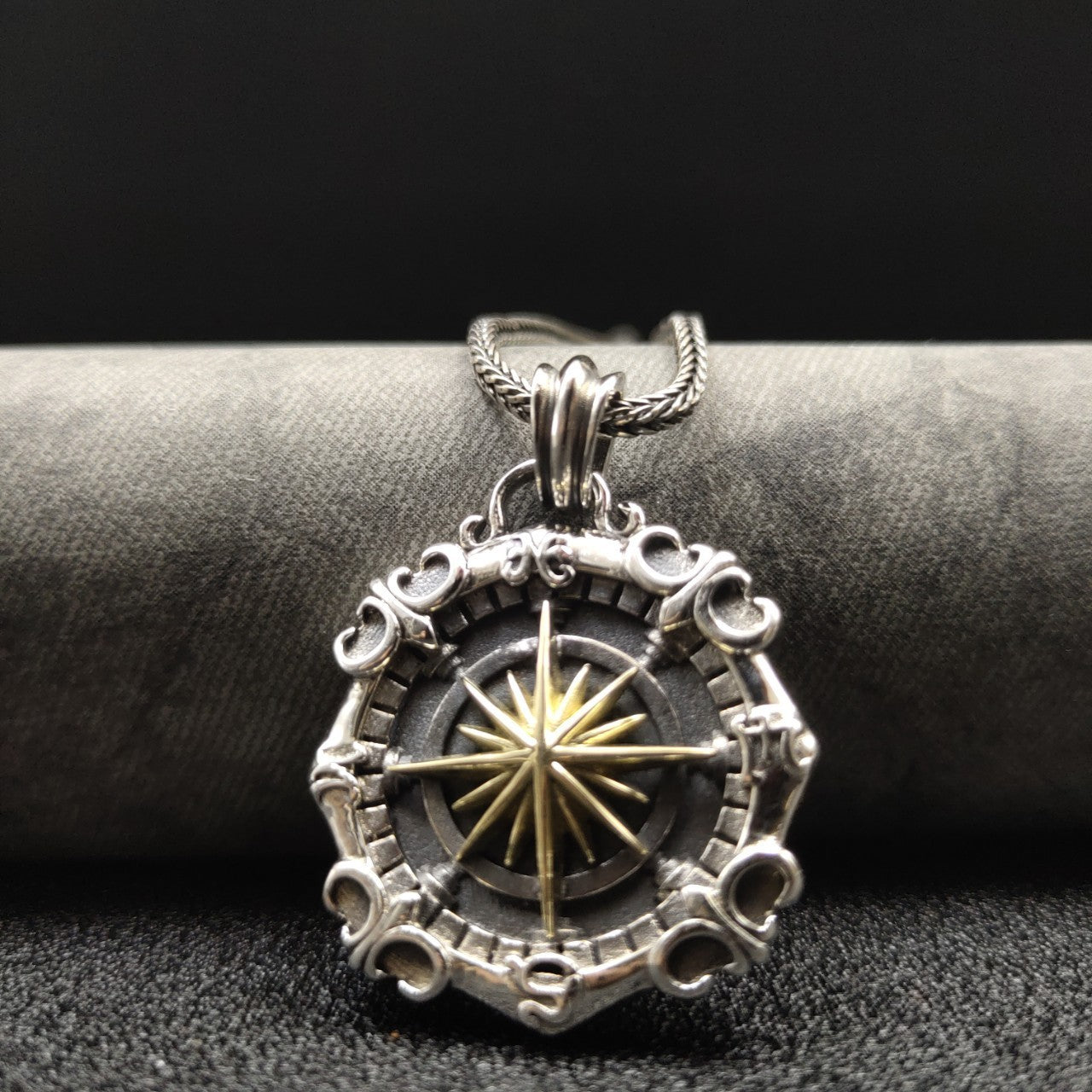 New S925 Sterling Silver Deep Sea Compass Dog Tag Men's Necklace