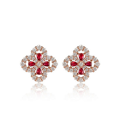 S925 Silver Four-leaf Flower Petal Cultivation Red Treasure Ear Studs For Women