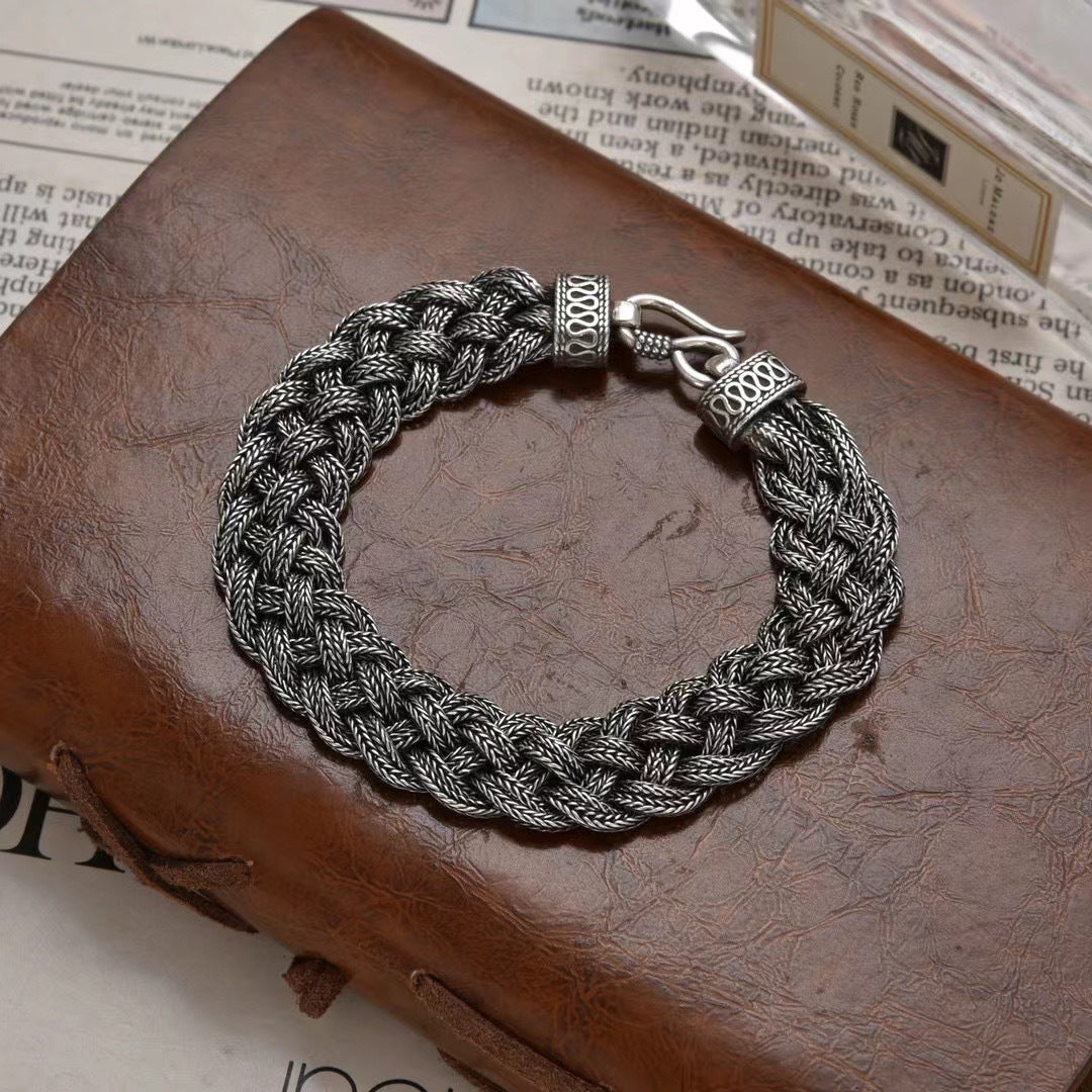 Pulsera de cola de caballo de tres hilos con trenza doble tejida a mano estilo vintage para hombre en plata de ley S925