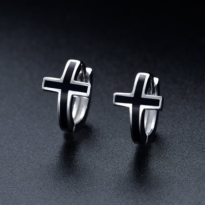 Boucles d'oreilles créoles unisexes en argent sterling avec croix noire