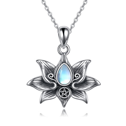 Sterling Silver Moonstone Lotus Flower Pendant Necklace Jewelry Gifts for Women