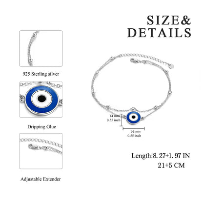 Bracelet de cheville rond en argent sterling 925 avec mauvais œil pour femmes et filles