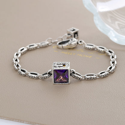 Letter G Purple Zircon Bracelet Women's Vintage S925 Sterling Silver Carved Heavy Design Bracelet