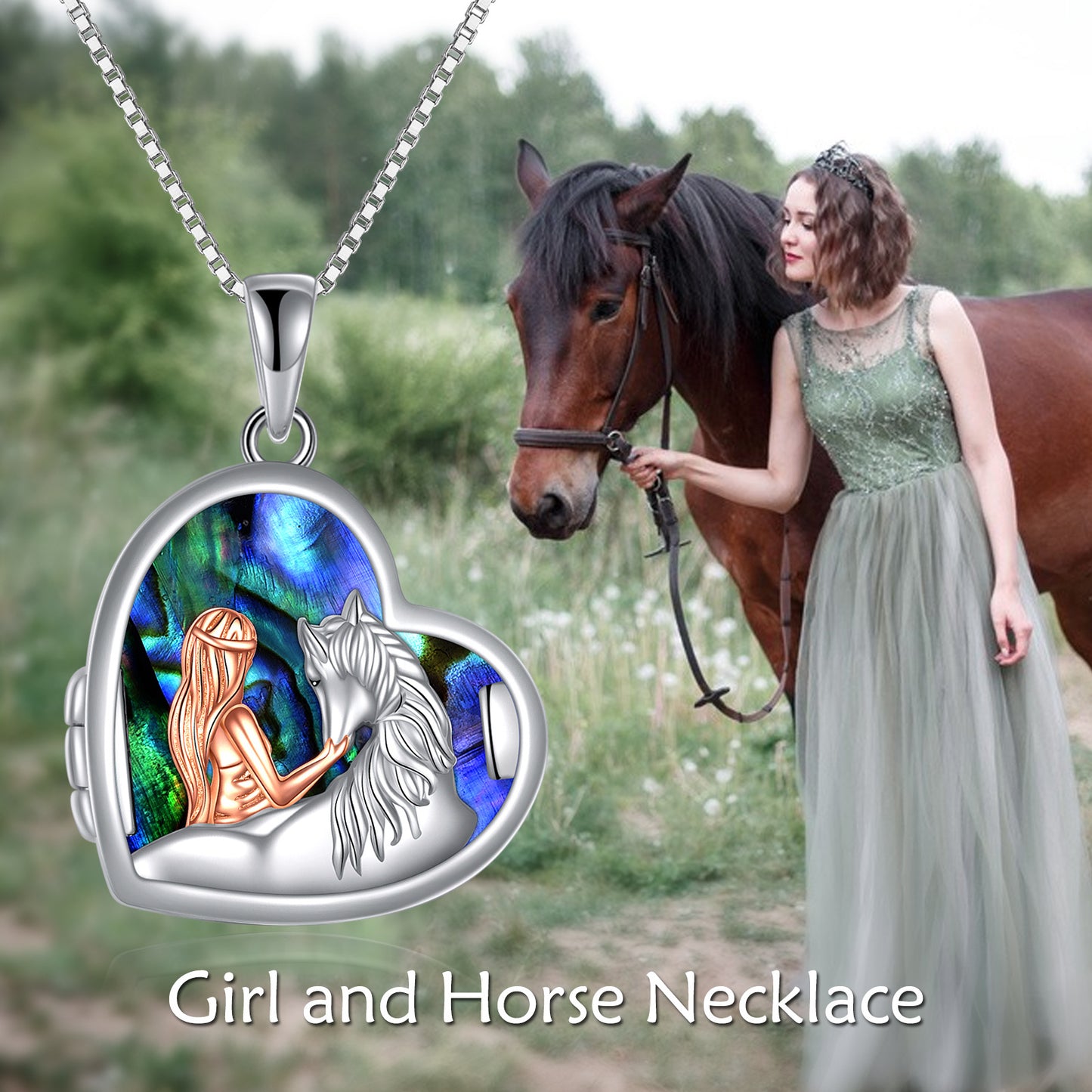 Collier avec médaillon photo en argent sterling avec cœur en coquillage d'ormeau et cheval et fille