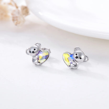 Pendientes de plata de ley 925 con forma de koala, animales adorables, hipoalergénicos, con forma de corazón y cristales