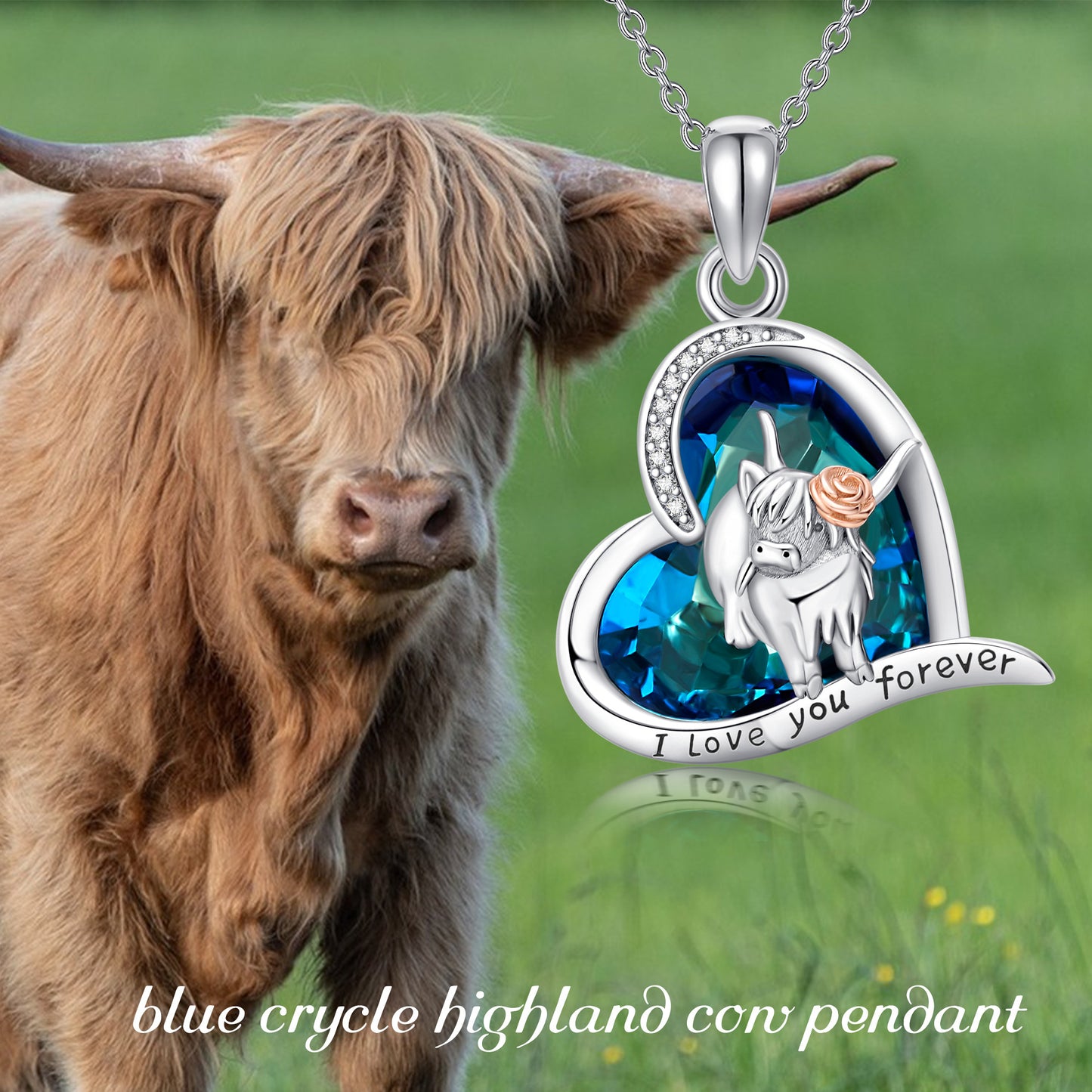 Collar con colgante de vaca en forma de corazón de cristal azul de Highland Cow en plata de ley 925