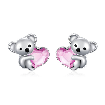 Pendientes de plata de ley 925 con forma de koala, animales adorables, hipoalergénicos, con forma de corazón y cristales