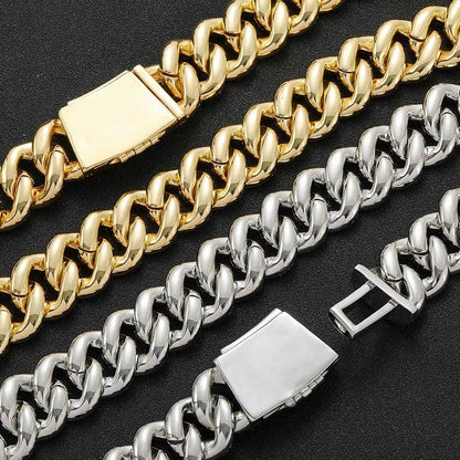 Collier Hip Hop 15 mm 20 mm avec boucle Miami et chaîne cubaine, bracelet plaqué or véritable