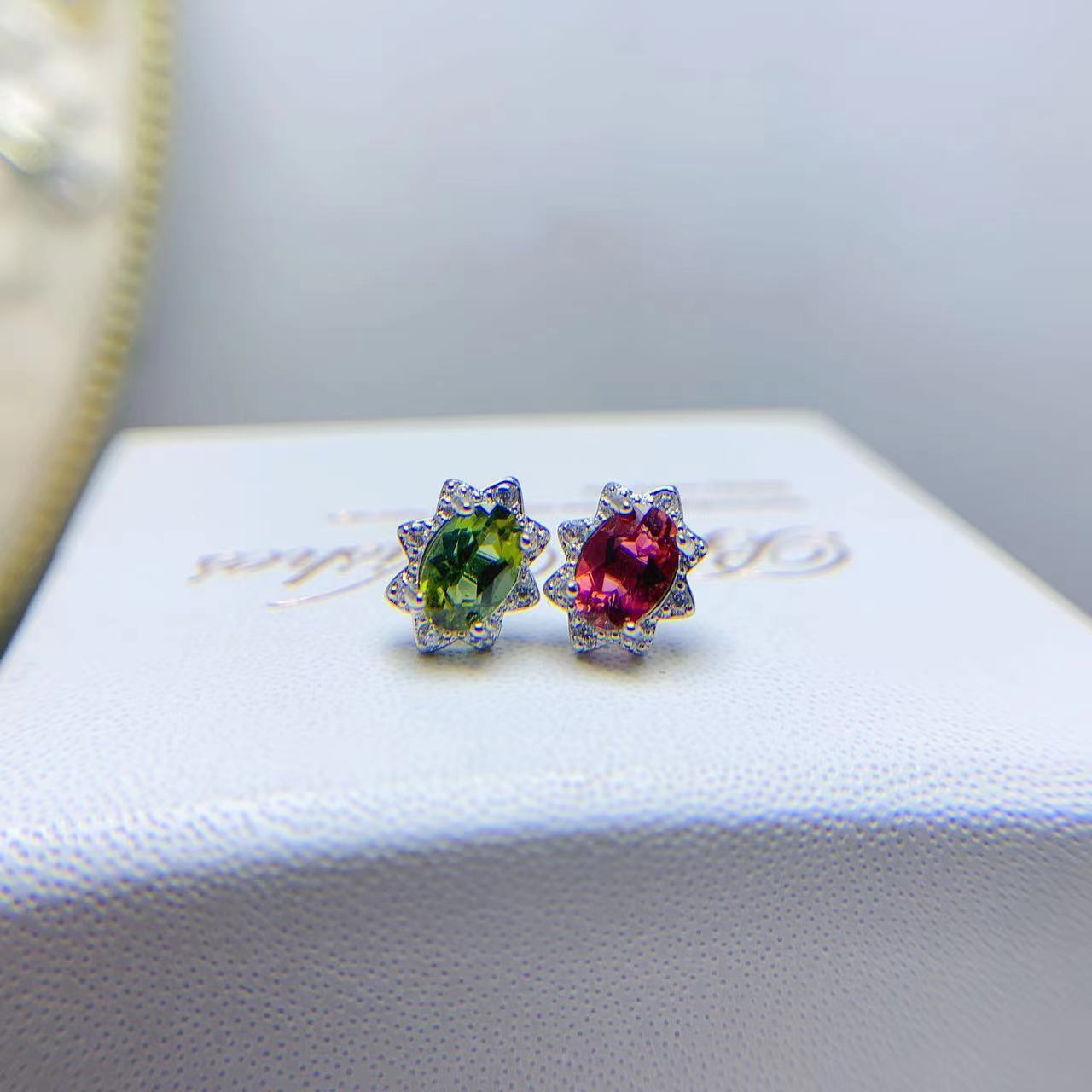 Natural Tourmaline Stud Earrings 925 Silver Delicate Mosaic Women Colored Gems