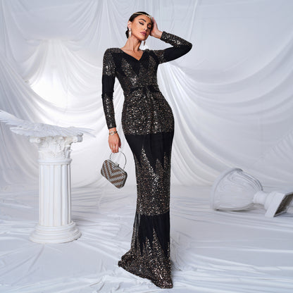 Robe de soirée longue sexy à manches longues et col en V avec paillettes