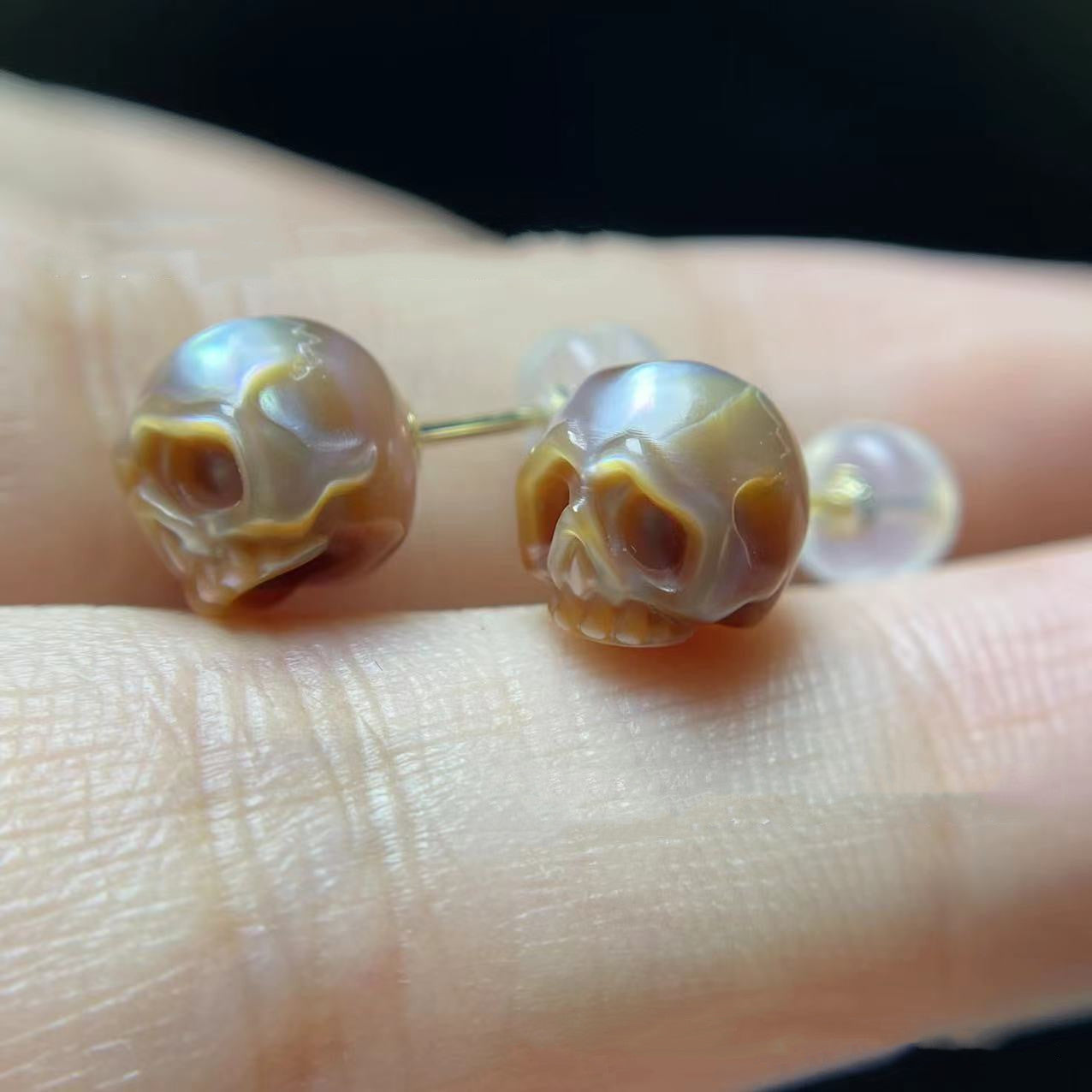 Pearl Carved Pearl Skull Stud Earrings