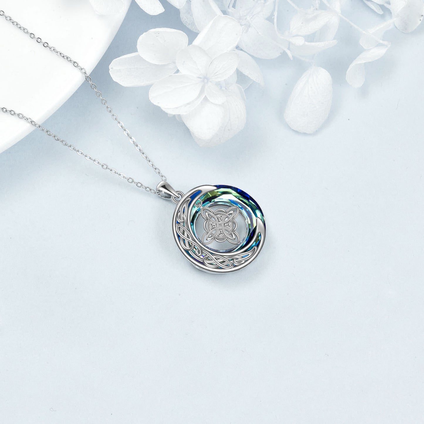 Collar de cristal de buena suerte con nudo de bruja celta y luna en plata de ley 925