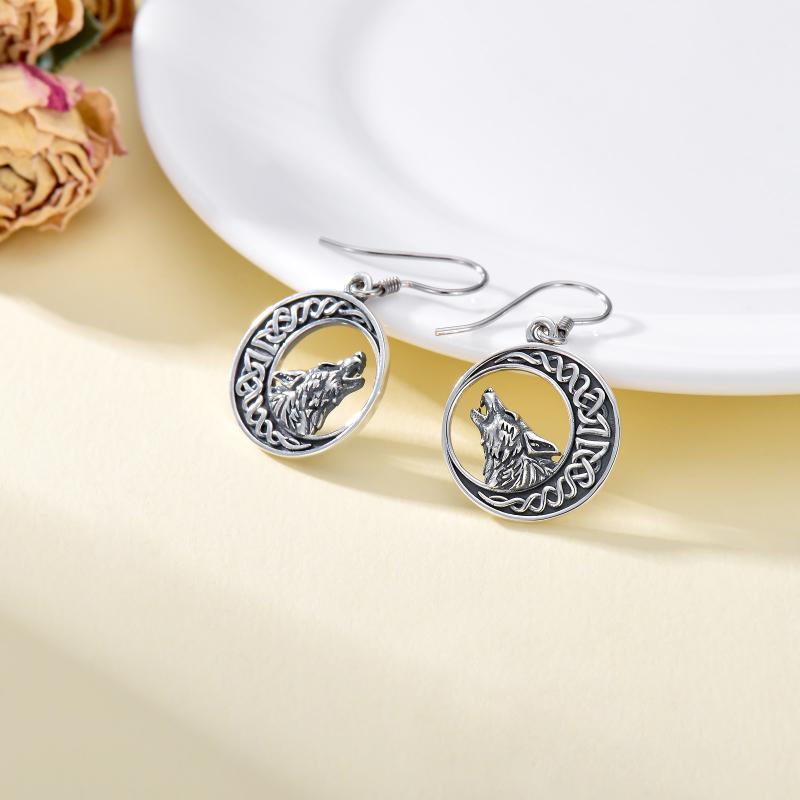 Boucles d'oreilles pendantes en argent sterling avec motif lune celtique et loup