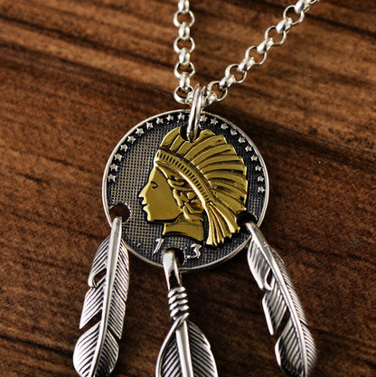 Sterling Silver Vintage Thai Silver Fashion Indian Feather Trendy Men's Portrait Pendant