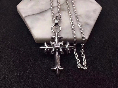 Silver Sweater Chain European And American Street Hip Hop Trendy Men's Personality Cross Pendant Thai Silver Retro Chain Set