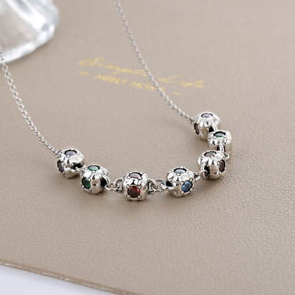 S925 Sterling Silver Fashion Colorful Square Dice Zircon Necklace Retro Heavy Industry Collar Chain