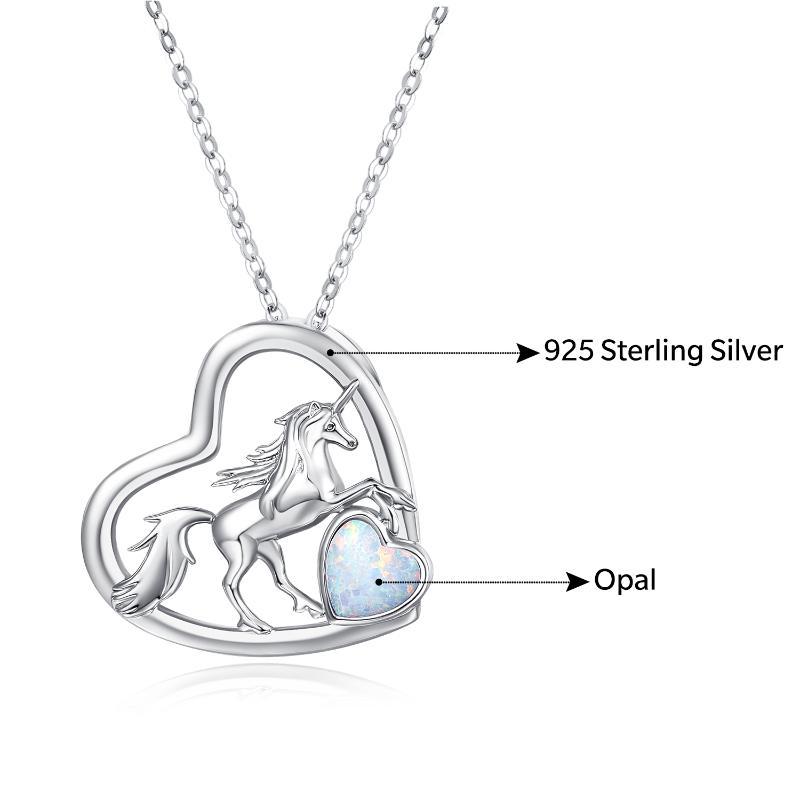 S925 Sterling Silver Unicorn Pendant Opal Heart Necklace Animal Jewelry