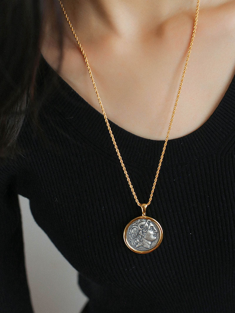 Collier long en argent avec pièce de monnaie pour femme, chaîne simple et rétro