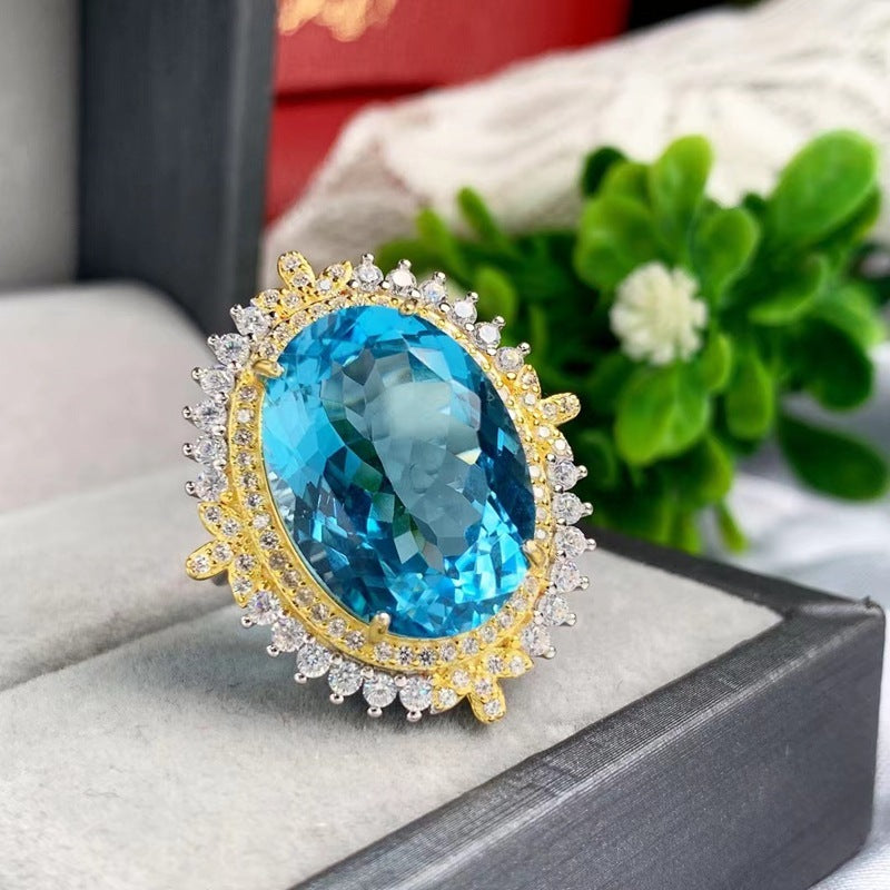 Natural Blue Topaz Ring Body Inlaid S925 Silver Jewelry Design Simple Female Accessories