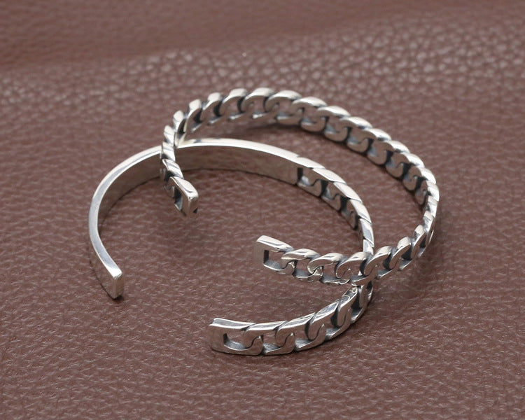 Bracelet simple en argent sterling S925 pour femme avec ouverture rétro et effet vieilli