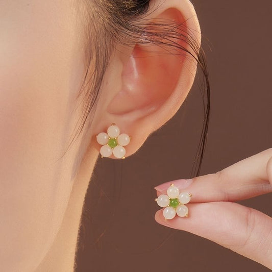 Natural Hetian Jade 925 Sterling Silver Flower Ear Studs