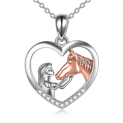 Collar con colgante de corazón de caballo y niña, regalo para ella