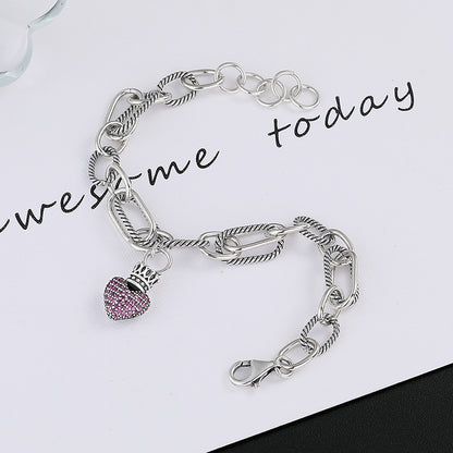 S925 Sterling Silver Bracelet Women's Splicing Multi-element Ins Vintage Crown Love Tag