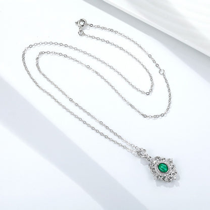 Natural Emerald Necklace Female Vintage Lace Design S925 Silver Inlaid Gem Pendant