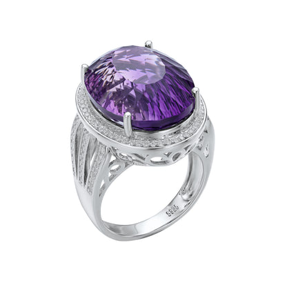 Light And Extravagant Wind Jewelry Large Denier Shaped Natural Amethyst Ring S925 Silver Set Crystal